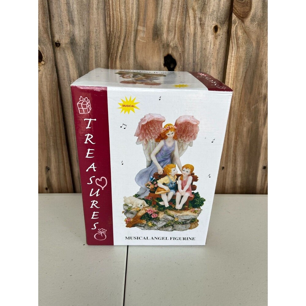 Treasures Musical Angel Figurine Puppy Kids on Bench